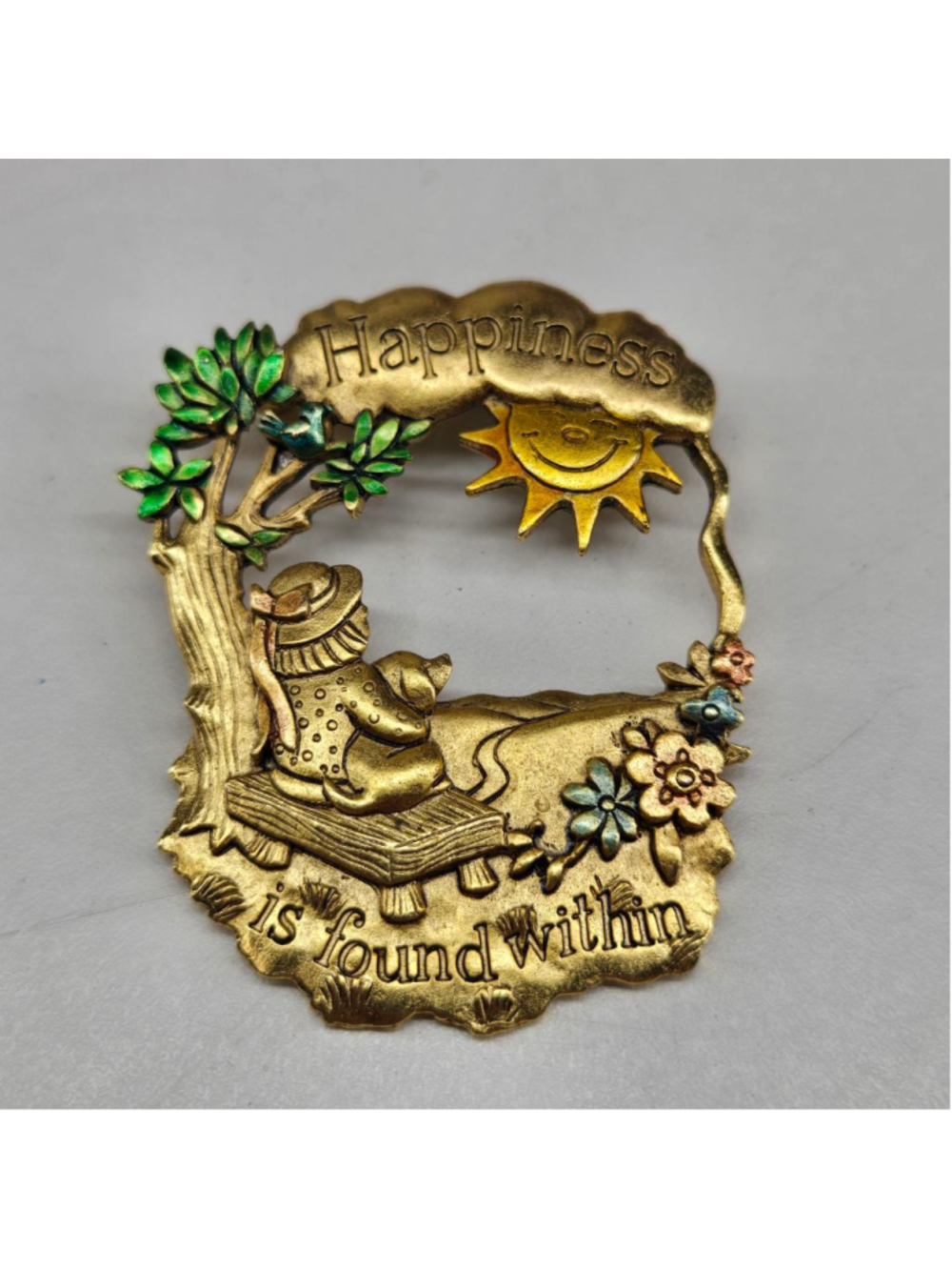 JJ Jonette Jewelry Brooch Vintage Gold Tone Happiness is Found Within Dog Pin